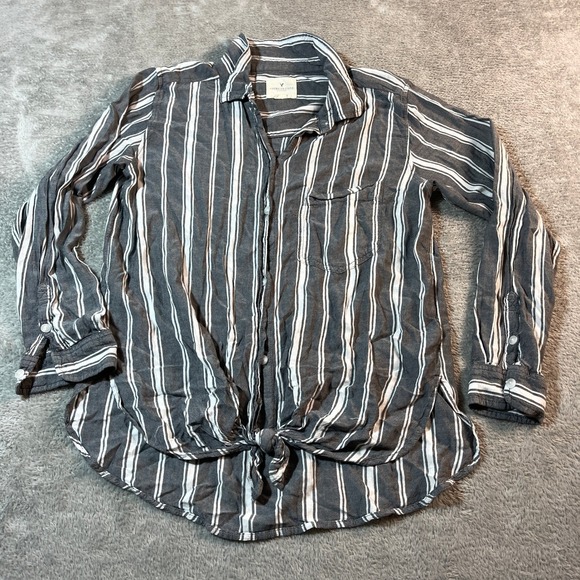 American Eagle By Payless Tops - American Eagle Shirt Women's Small Gray Oversized Striped Tie-Front Top Blouse‎